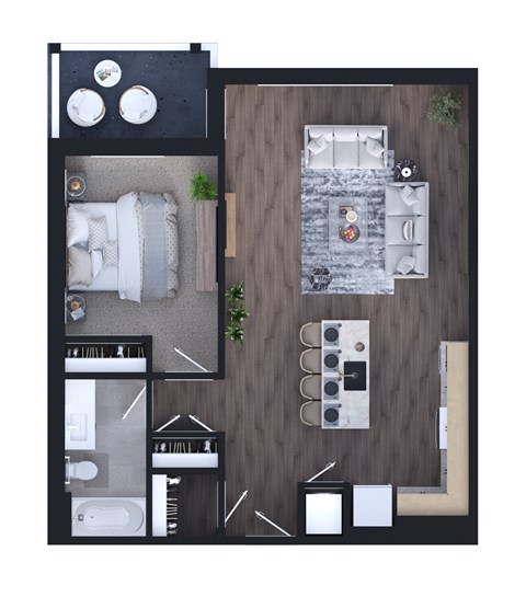 Floor plan for 1 bed, 1 bath, 749 sqft